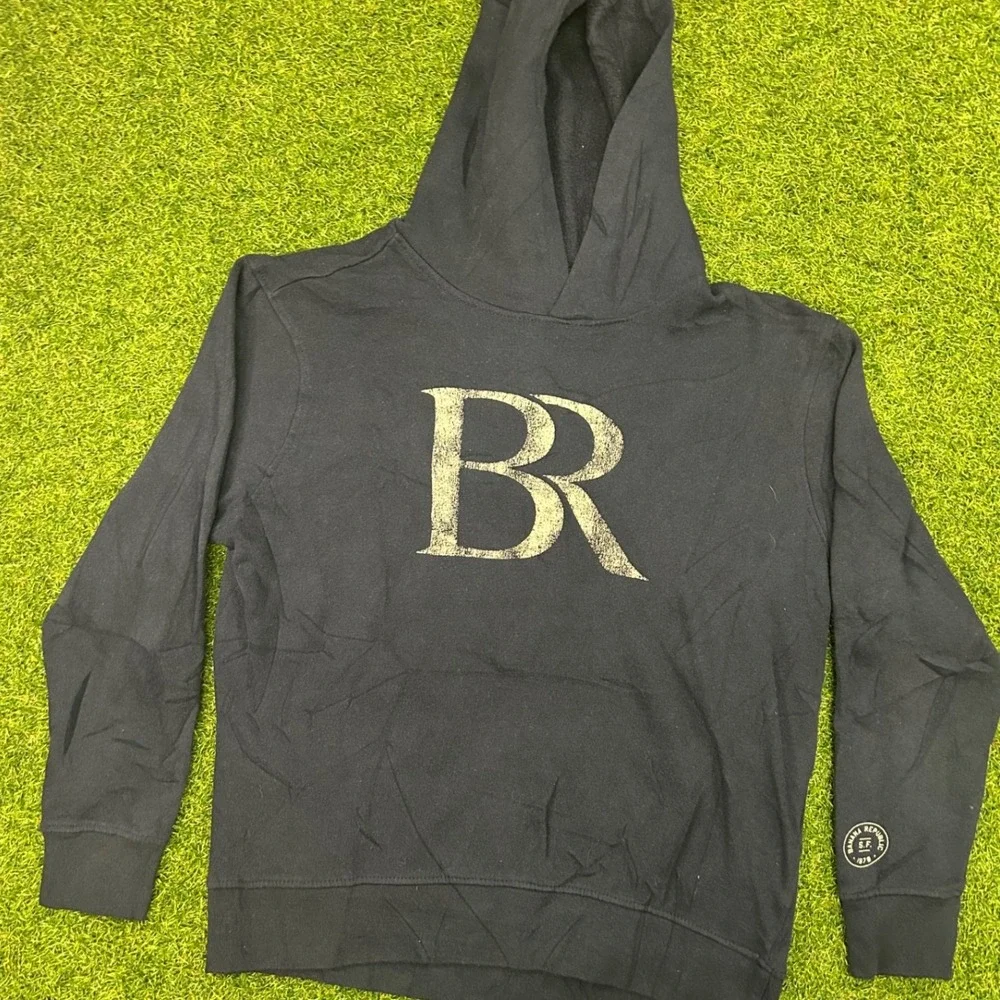 Banana Republic Mens Black Logo Pullover Hoodie Distressed BR Graphic S.F. 1978
